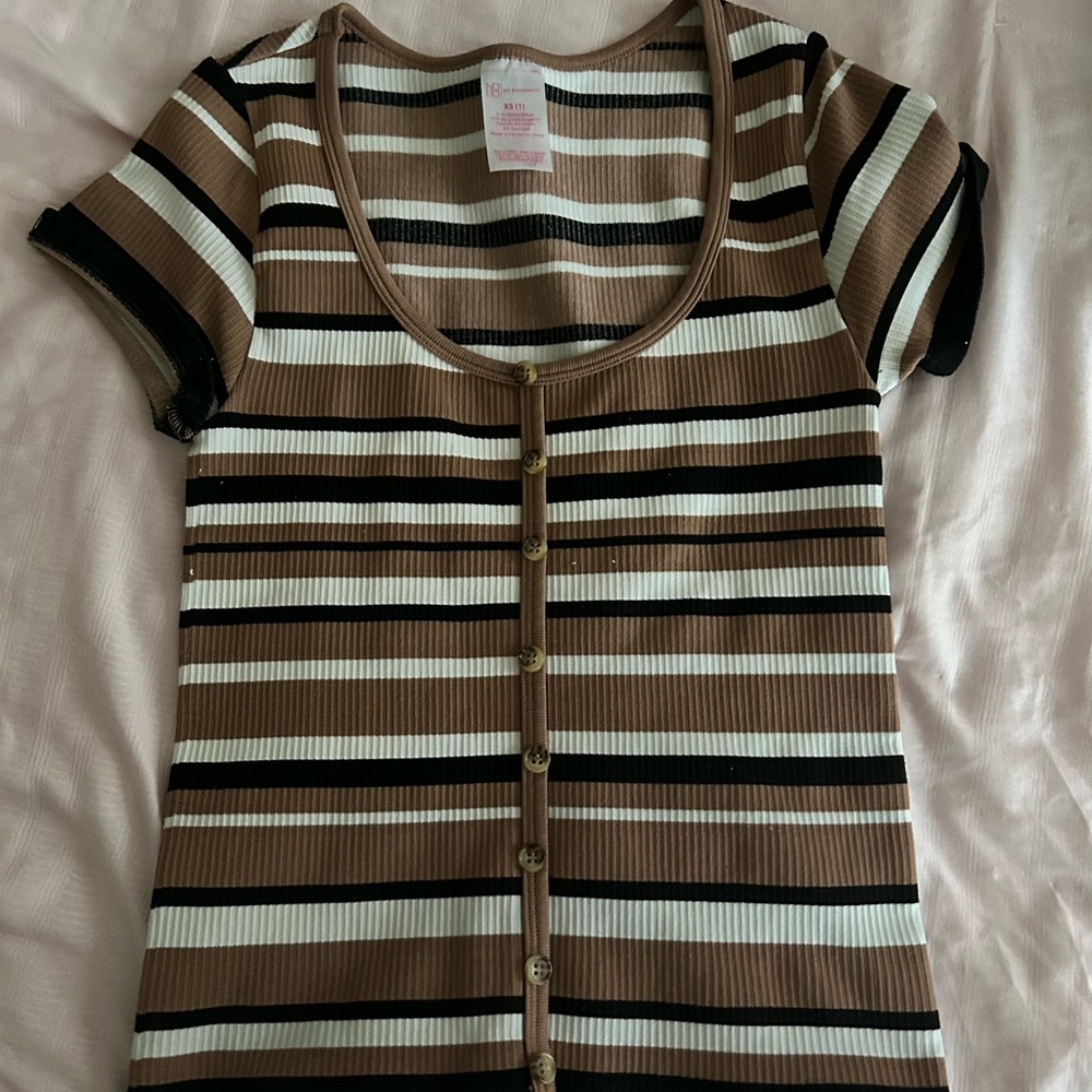 No Boundaries Brown Striped Button-Down Tee